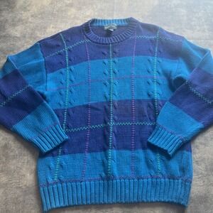 Cable Knit Sweater Kenneth Roberts Size L Blue Plaid Heavy Birdseye VTG Crew